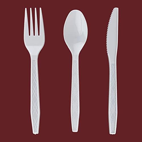 PARTY BARGAINS Argyle White Plastic Cutlery Set 720 -Piece – 360 Forks, 240 Spoons, 120 Knives – Heavy-Duty Disposable Utensils for Parties, Weddings, Buffets, BBQs & Catering – BPA Free