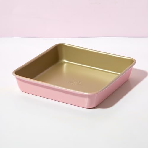 Paris Hilton Nonstick Carbon Steel Bakeware Collection, 9-Inch Square Cake Pan, Dishwasher Safe, Made without PFOA and PFAS, Pink Champagne Two-Tone