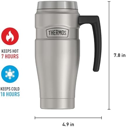 THERMOS Stainless King Vacuum-Insulated Travel Mug with Handle-16oz,Matte Steel-Thermos Tumbler for Hot&Cold Drinks-Leak-Proof&Sweat-Proof Stainless Steel Coffee Mug with Lid for Commuting,(Pack of 4)