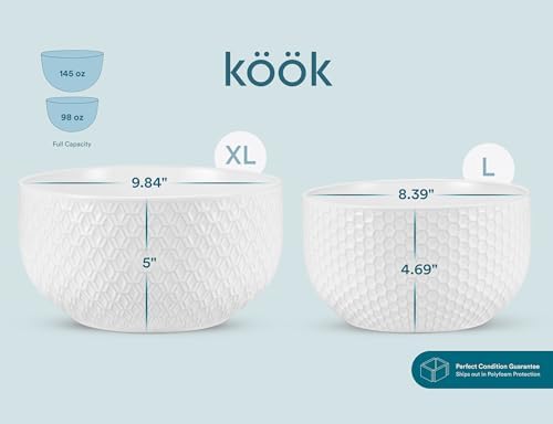 KooK Ceramic Nesting Bowls, Embossed, Oven Safe, Set of 4, Marshmallow