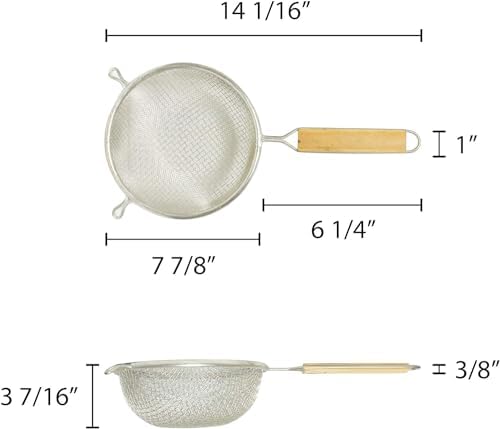 TrueCraftware- 8-Inch Double Medium Tin Mesh Strainer 6" Handle Length Wooden Handle- Kitchen Utensil Food Strainer Skimmer Spoon for Cooking Sieve Sifters Rice Quinoa Pasta Fruits Vegetable