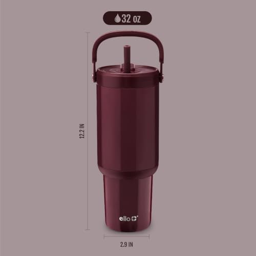 Ello Oasis Go+ 32oz Tumbler with Top Handle and Retracting Straw | Reusable Insulated Stainless Steel Cup, 100% Leakproof Water Bottle, 24 Hours Cold, Cup Holder Friendly For Travel | Red Velvet
