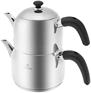 Karaca Edge Stainless Steel Turkish Small Teapot Set, Stackable Tea Maker, Teapot 0.85L, Tea Kettle 1.25L, Induction Compatible, Durable Metal Body, Silver & Black