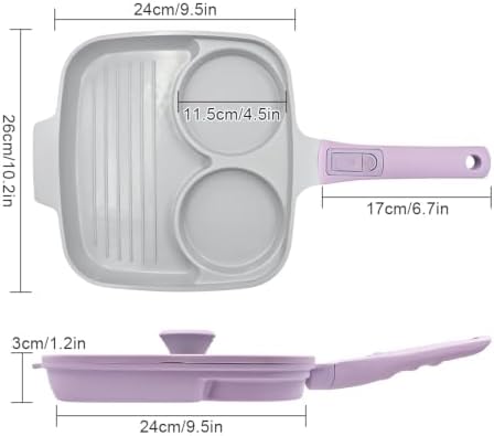 RANX INGST 10 Inch Grill Pan with Lid, 3 Section Nonstick Ceramic Egg Pan with Detachable Handle, Square Grill Skillet All Stove Compatible - Purple