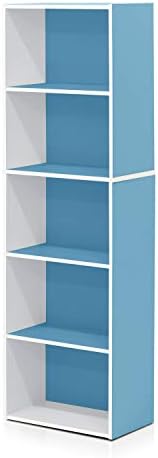 Furinno LUDER Book Shelf, 5-Tier Bookshelf, Bookcase with Open Shelves, 9.4 x 15.8 x 52, Easy Assembly, for Living Room, Bedroom, Home Office, White/Light Blue