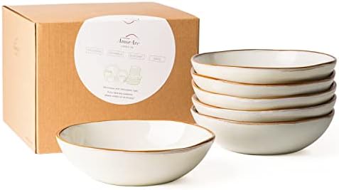 AmorArc Ceramic Cereal Bowls Set of 6, 24 oz Handmade Stoneware Bowls Set for Cereal Soup Salad Bread, Stylish Kitchen Bowls for Meal, Dishwasher & Microwave Safe, Reactive-Pearl White