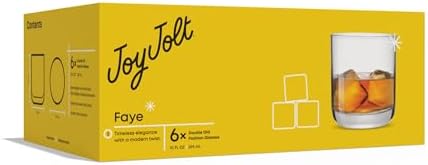 JoyJolt Faye Crystal Whiskey Glasses, Lowball Glasses Set of 6, 10oz Short Glass Tumbler, Double Old Fashioned Rocks Glass for Scotch or Bourbon, Dishwasher Safe Glassware
