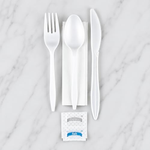 KitchenDine 100 Pack Medium Weight Wrapped white Plastic Cutlery Pack with Napkin and Salt/Pepper Packets (White)