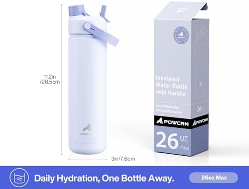 POWCAN 26 oz Insulated Water Bottle with 2-in-1 Straw and Spout Lid, Keep Cold 24H, Leak-Proof, Fits in Car Cup Holder, Stainless Steel Water Bottle for Sports, Travel, and School (Lupine)