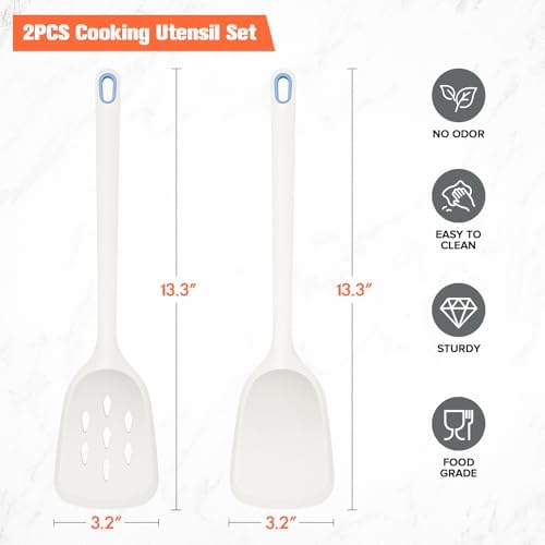 Silicone Spatula Set of 2 Pack, Heat Resistant Solid&Slotted Turner (WHITE)