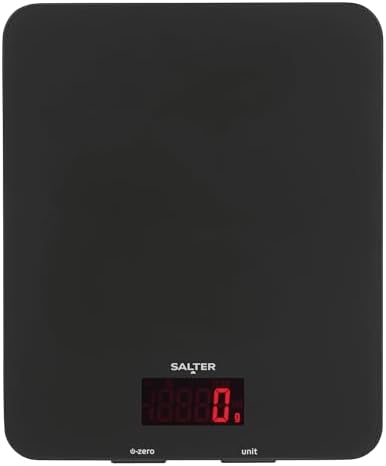 Salter 1150 BKDR Digital Kitchen Scales, Stylish Glass Design, Cooking Scale for Home/Kitchen, Measures Liquids & Fluids, Metric/Imperial, Add & Weigh Function, Red Easy Read Display, Black