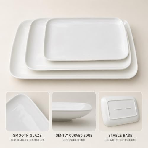 Large Serving Platters Set of 3, 15.5/13.5/11.2 Inch Rectangular Porcelain Serving Trays, White Ceramic Serving Dishes for Party & Entertaining
