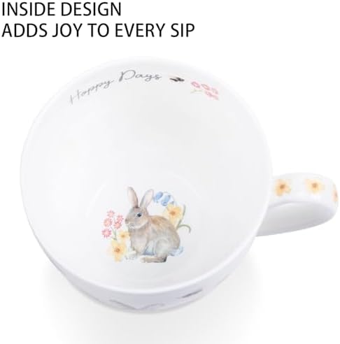 20 oz Bunny Coffee Mug with Spring Flowers & Happy Days Slogan, Premium Bone China Rabbit Coffee Cup, Cute Garden Gift for Women, Family&Friends, Designed in England by Harvest Green Studio