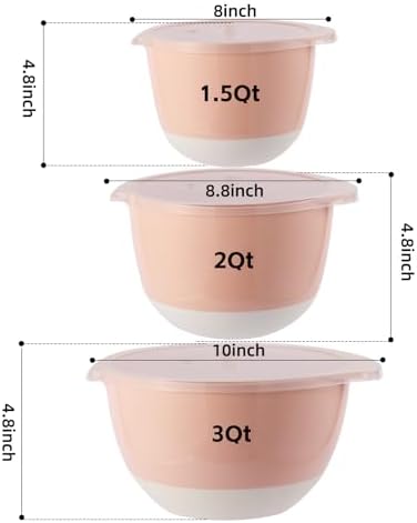 3 Small Mixing Bowls Set with Lids,Grips,Pour Spout and TPR Bottom, Plastic Nesting Bowl Use for Kitchen Cooking-Prep,Serving,Baking Bread Cake,Pancake,Non-slip,3Qt,2Qt,1.5Qt,Pink