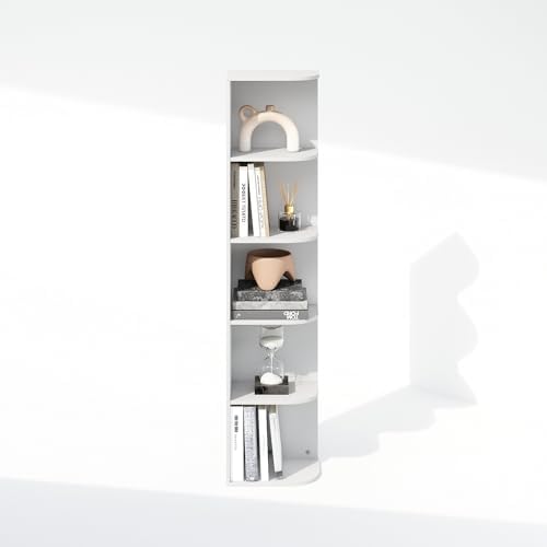 Furinno Reed Corner Shelf, 5-Tier Corner Bookshelf, Book Shelf, Corner Shelves, Storage Rack, for Organization and Storage, Home Office, Living Room, White