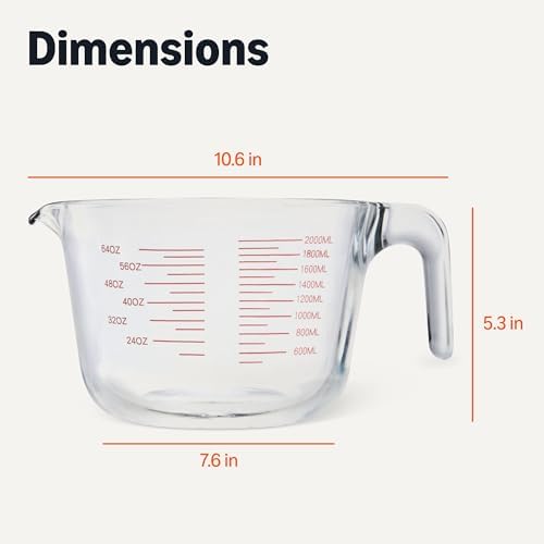 Amazon Basics Large Size Glass Measuring Cup, 8 Cup, Easy-to-Read Markings, Dishwasher/Microwave/Freezer/Oven Safe (Previously AmazonCommercial)