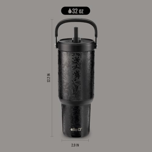 Ello Oasis Go+ 32oz Tumbler with Top Handle and Retracting Straw | Reusable Insulated Stainless Steel Cup, 100% Leakproof Water Bottle, 24 Hours Cold, Cup Holder Friendly For Travel | Black Lace