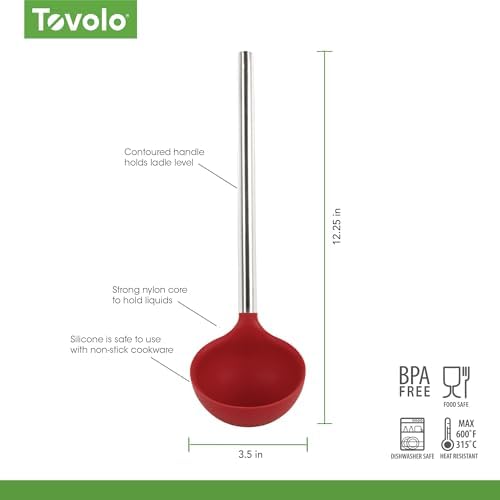 Tovolo Silicone Ladle With Stainless Steel Handle Deep Soup Ladle for Cooking Canning Serving Soup Punch Stew Sauce, Large Kitchen Utensil Spoon Dishwasher Safe BPA Free Silicone Cayenne Red