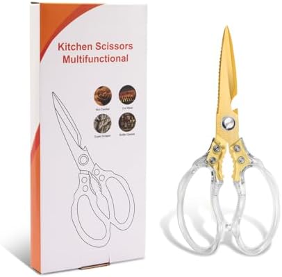 CGBE Kitchen Scissors, Multi-Purpose Kitchen Shears, Heavy Duty Food Scissors for Chicken, Poultry, Fish, Meat & Herbs with Non-Slip Grips - Transparent Gold