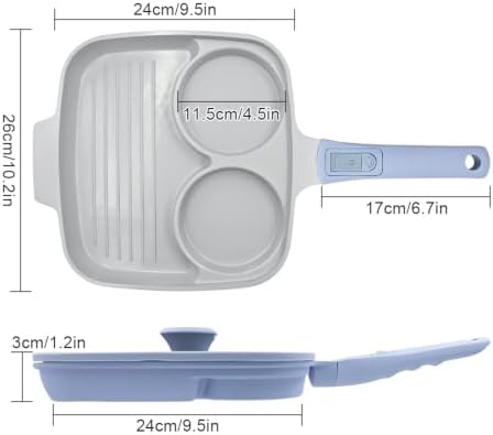 RANX INGST 10 Inch Grill Pan with Lid, 3 Section Nonstick Ceramic Egg Pan with Detachable Handle, Square Grill Skillet All Stove Compatible - Blue