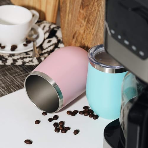 MEWAY 12 OZ/8 Pack Wine Tumbler Glasses with Lid - Stemless Double Wall Vacuum Stainless Steel Travel Tumbler - Keeping Cold & Hot for Wine,Coffee,Cocktails,Drinks-Family and Gifts (Pink,Set of 8)