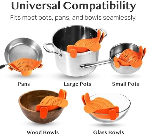 Kitchen Gizmo Snap N Strain Clip On Strainer for Pots and Pans - Adjustable Silicone Colander for Kitchen - Compact Clip-On Food Strainer for Draining Pasta and Vegetables - Orange