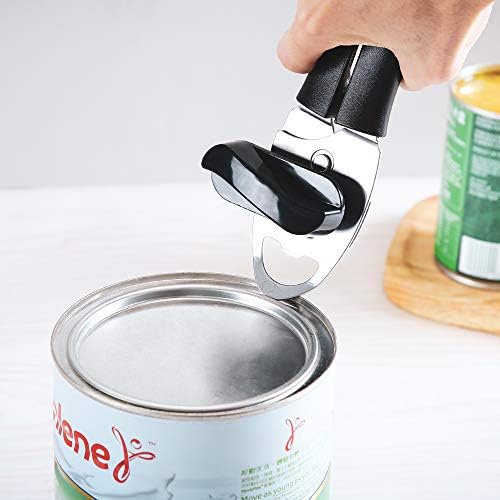 Can Opener Manual 4 in 1, Handheld Can Opener Bottle Opener Safe Cut and Smooth Edge with Ergonomic Grip Large Turn Knob Great for Seniors with Arthritis (Black)