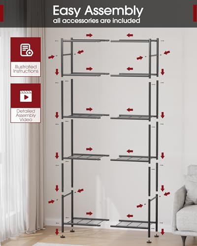 Sakugi 5-Tier Metal Storage Shelves Adjustable Feet, 32"x12"x71", Black