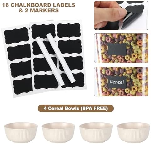 Cereal Dispenser Countertop with Cereal Bowls,16 Labels & Pen, Cereal Containers Storage, Candy Dispenser, Dry Food Dispenser For Pantry - Not Easy to Crush Food (Black, 2 Pack)