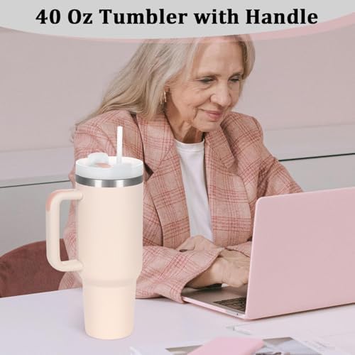 4 Pack 40 Oz Tumbler with Handle Bulk, Double Wall Vacuum Insulated Stainless Steel Tumbler with Lid and Straw, 40 oz cup with Silicone Spill Proof Stopper Set (Rose Quartz)
