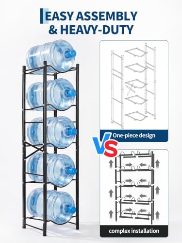 Heavy-Duty 5 Gallon Water Bottle Holder Rack, 5-Tier Single-Row Stand for 5 Bottles - Detachable Water Cooler Jug Storage Shelf for Office, Kitchen, Garage - Black