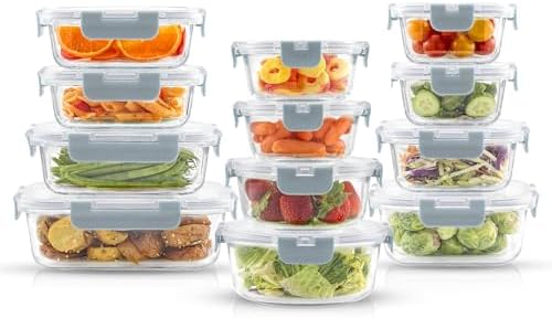 JoyJolt 24pc Borosilicate Glass Storage Containers with Lids | 12 Airtight/Freezer Safe Food Storage Containers for Pantry and Kitchen | Meal Prep Container for Lunch | Glass Tupperware Set