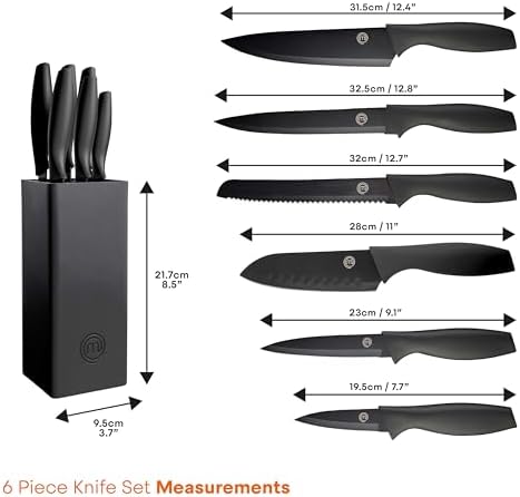 MasterChef Knife Set with Block, 6 Kitchen Knives and a Universal Knife Holder, Extra Sharp Stainless Steel Blades for Precise Cutting with Non Stick Coating & Soft Touch Easy Grip Handles, Black