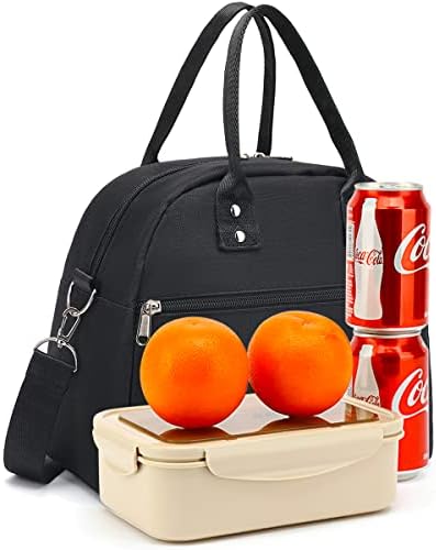 FlowFly Insulated Lunch Bag With Shoulder Strap for Women, Men, and Kids, Large and Reusable, Handle, Freezable Work and School Travel Tote and Meal Prep Organizer (Black)