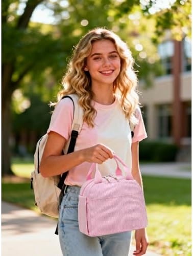 Bluboon Lunch Box for Women Cute Lunch Bag Reusable Insulated Lunch Bags Large Capacity Lunchbox Cooler for Work Picnic or Travel Gifts (Pink White Vertical Stripes, 10 x 7.5 x 8 inches)