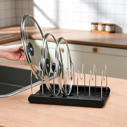 Pot Lids Organizer Rack,7 Adjustable Compartmentsfor Cabinet and Countertop,Kitchen Cabinet Organizer for Pots, Pans, Cake Molds, Cutting Boards, Mats, Cookware,Lids & Bakeware,Black