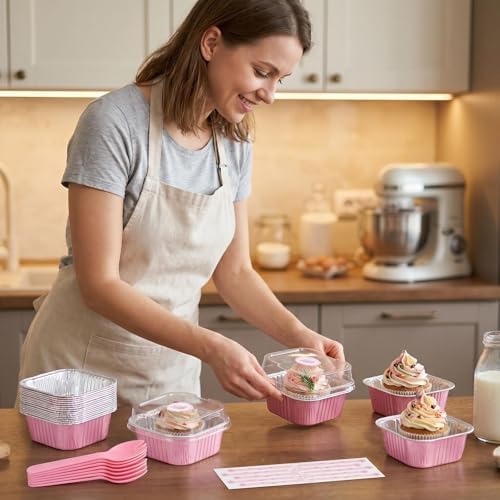 50 Pack Mini Cake Pans With Lids And Spoons,5oz Square Aluminum Foil Brownie Baking Cups,Small Cake Tins,Individual Cake Pans With Lids for Wedding Birthday Party (Champagne)