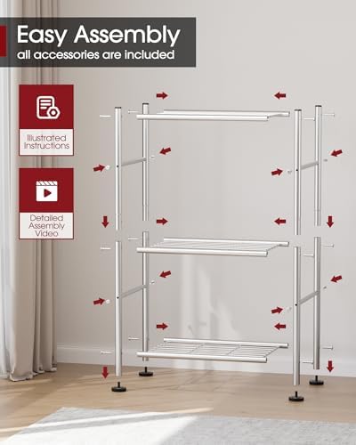 Sakugi 3-Tier Metal Storage Shelves Adjustable Feet, 18"x12"x30", Silver