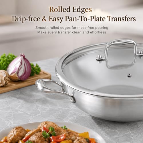 DELARLO Tri-Ply Stainless Steel Flat Bottom Wok, 13 Inch Braiser Pan with Lid, Durable Large Frying pan, Fast Even Heat Saute Pan, Non Toxic Pan for Cooking, Oven Broiler Safe 600F(Not lids)