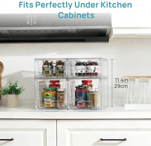 Vtopmart Clear Stackable Storage Drawers, 4 Pack Kitchen Cabinet Set