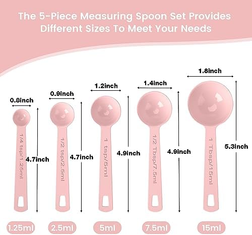 Stainless Steel Measuring Spoons Set of 5, Metal Measuring Cups and Spoons Set for Liquid/Food/Kitchen/Baking (Pink)