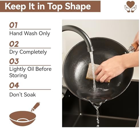 WANGYUANJI 9.5 Inch Small Cast Iron Wok with Lid - Handcrafted Tortoise Shell Texture Uncoated Stir Fry Pan, Flat Bottom Wok for Electric, Induction & Gas Stoves, 2.5 Quart (Requires Seasoning)