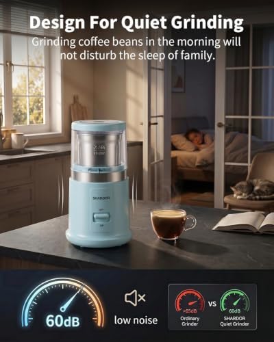 SHARDOR Quiet Coffee Grinder Electric, 70g Removable Bowl Spice Grinder for Coffee Beans, Seeds and Grains, Super Silent Grinding Mill with 60dB Low Noise, 2.5oz Capacity, Blue