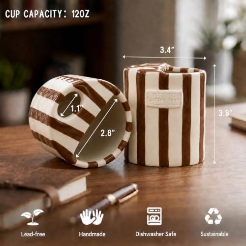 Ceramic Coffee Mug with Half Lid 12oz, Retro Striped