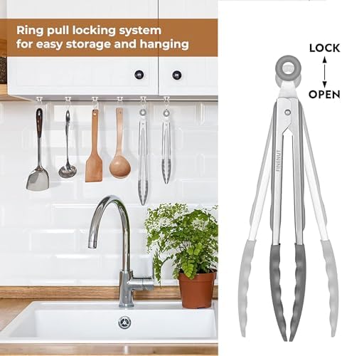 Stainless Steel&Silicone Food Tongs Set of 2 (9+12 Inch)-BPA-Free&Non-Toxic Heat Resistant Non-Scratch BBQ&Cooking Tools,Strong Grip Locking for Grilling,Air Fryer,Salad,Dishwasher Safe