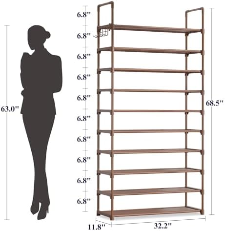 Kitsure 10 Tier Shoe Rack, Tall Shoe Organizer, 32.2" Wide, Brown