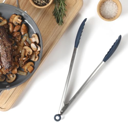 Calphalon Kitchen Tongs, Stainless Steel Locking Tongs with Heat-Resistant Silicone Heads, Nonstick-Safe Cooking Tongs for Grilling, Serving & Food Prep, Navy Blue