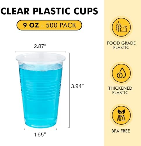 RACETOP 500 Pack 9 oz Plastic Cups, Clear Disposable Plastic Cups Bulk, Cold Drinking Party Cup, Transparent for Wedding, Thanksgiving, Christmas, Party
