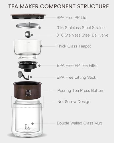 ZENS Small Glass Tea Infuser Pot, One Touch Tea Maker for Loose Tea, Walnut