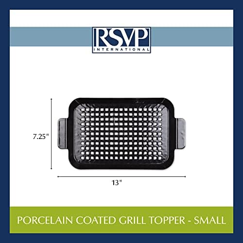 RSVP International Porcelain Coated Steel BBQ Grill Tray/Pan, Outdoor Barbeque Grilling Accessories for Cooking Fish & Vegetables, Dishwasher Safe, Small, 13x7.25"